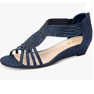 YDN Blue Glitter Sandals Open Toe Rhinestones Cross Over Straps Wedge Heel Shoe